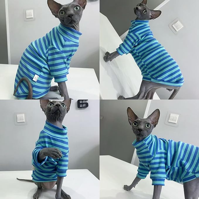 Striped Waffle Knit Shirt for Sphynx Cat, 2-Leg Long Sleeve Lightweight Outfit for Hairless Cats, Soft All-Season Pet Clothes (Blue, Medium (3.5-5lbs))