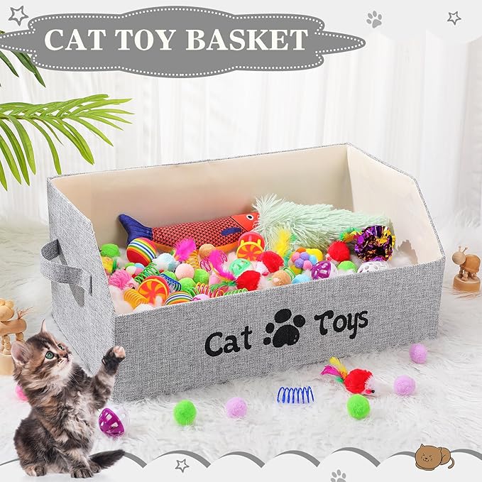Zopeal 55 Pcs Cat Toy Box for Indoor Cats Large Kitten Toys Organizer Basket Bin Included Pillows Fish Colorful Bell Balls Crinkle Balls Spring Plush Mice Attract Kitten to Swat Hunt