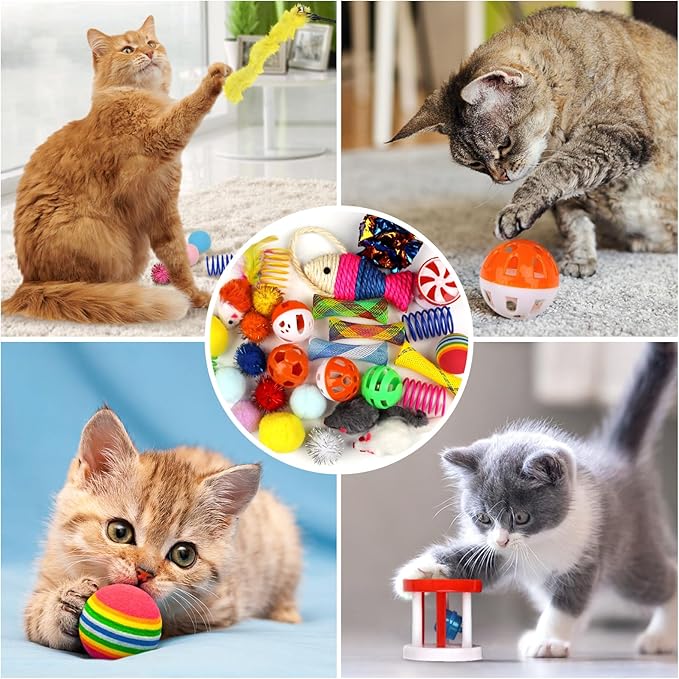 QUOZUO Cat Toys Kitten Toys Assortments, 32 Packs Interactive Cat Toy Variety Pack for Kitty, Cat Wand Toy, Cat Crinkle Balls Bell Balls with Bells, Cat Spring Toy, Catnip Toys for Indoor Cats Kitten