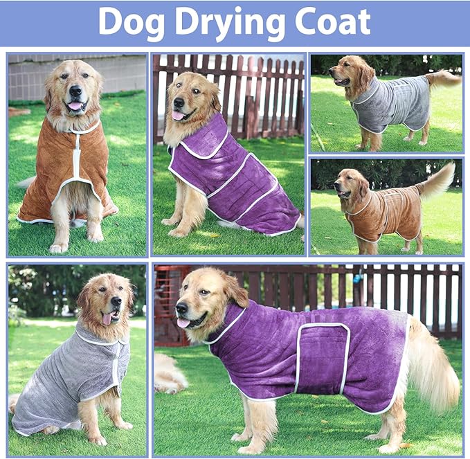 Dog Bathrobe Towel Dog Drying Coat - Super Absorbent Towels Bath Robe for Dogs Large, Soft Adjustable Collar & Belly Strap Fast Drying Coat Pet Cat Bath Robe (Violet, X-Large)