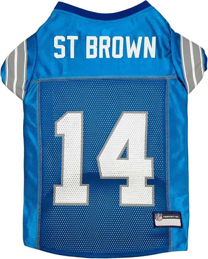 Pets First NFLPA Amon-RA ST Brown Jersey #14, NFL Dog Shirt, Detroit Lions Mesh Jersey, Size X-Large