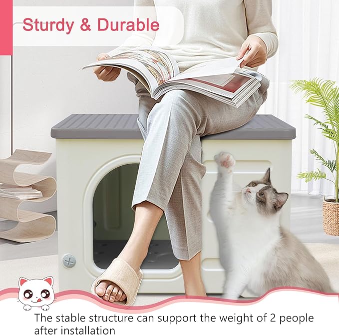 Plastic Cat House for Outdoor Indoor, Waterproof Outdoor Cat House with Escape Door for Feral Cats Outside Cat Shelter for Small Pet, Spacious, Assemble Easily -Grey Basic Style