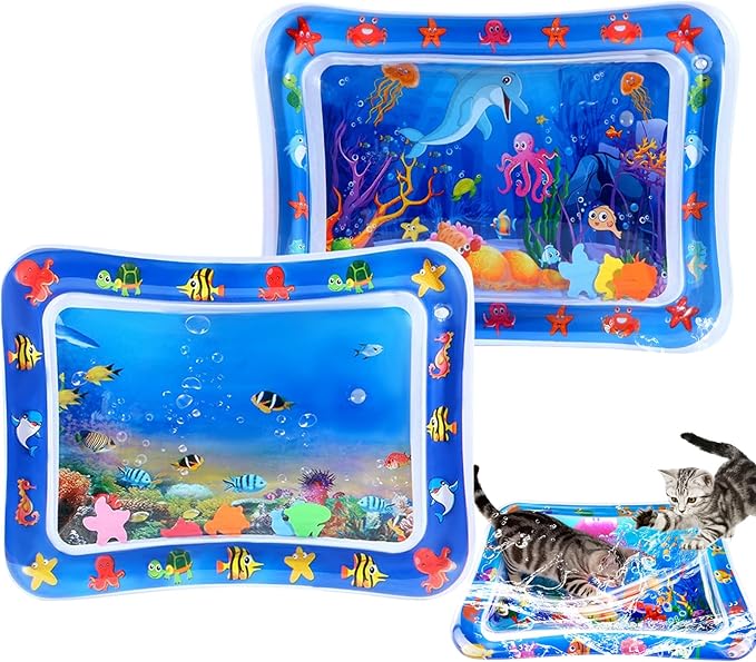2 PCS Large 2mm Thickened Cat Water Mat, Interactive Cat Sensor Play Mat for Indoor Cats to Exercise, Anti-Scratch Leak Proof PVC Cooling & Heating Water Mat Enrichment Toy for Cats