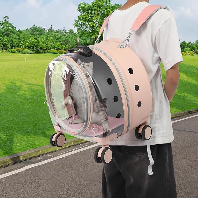 4-Wheel Rolling Cat Carrier, Hard Shell Pet Carrier with Ventilation Holes, Adjustable Handle Cat Travel Carrier, Lightweight Pet Stroller for Airplane, Car, Fits Pets up to 19.8lbs (Pink)