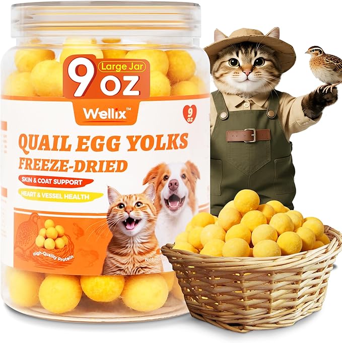 Wellix Freeze-Dried Treats for Dogs and Cats - High-Protein Quail Egg Yolk Freeze Dried Cat Treats for Skin&Coat Health - Delicious Training Snacks for Pets 9oz