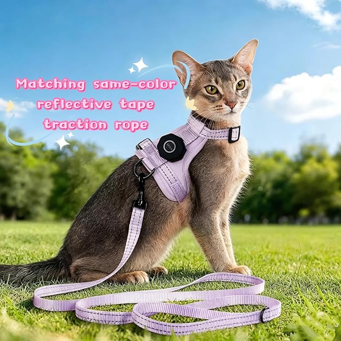 Cat Harness and Leash Set with AirTag Holder, Reflective,Soft Adjustable Kitten Harnesses for Small Medium Large Cats, XS-S (Rose Pink, XS：3.3-8.8lbs)