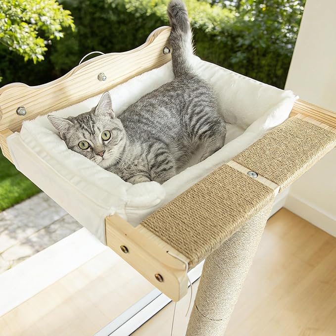 Cat Window Perch Hammock with 3-Piece Detachable Sisal Scratching Posts, White Fluffy Cusion, Drill-Free Suction Cup Mount, Multi-Level Climbing Perch for Bird Watching, 45 LBS Capacity