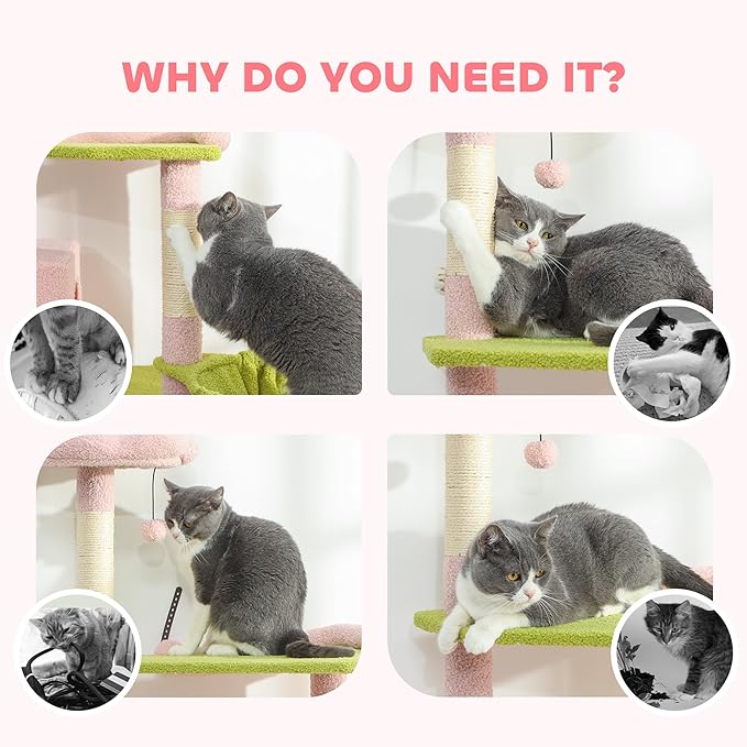 PawHut Flower Cat Tree, 74" Large Cat Tower for Indoor Kittens with 2 Spacious Condos, Sisal Scratching Posts, 2 Hanging Balls, Perches, Ramp, Bed, Pink