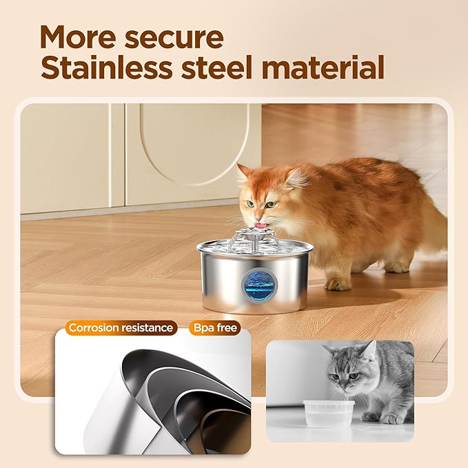 Pet Water Fountain Stainless Steel - Cat Fountain with 8 Filters & 8 Sponges - 88oz/2.6L Automatic Cat Watering Dispenser Bowl with Water Level Window - IHOUONE Quiet Fountains for Cats & Dogs Owners