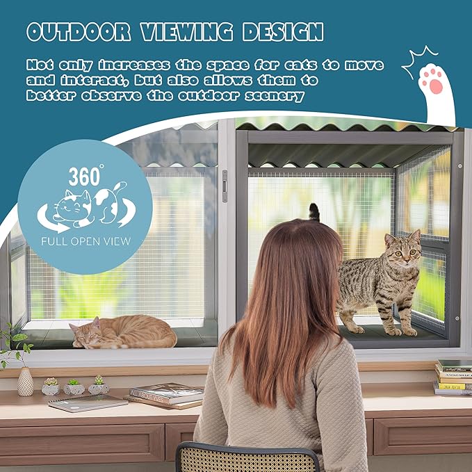 Cat Catio, Cat Window Box for Multiple Indoor Cats, Catio Pet Perch with Metal Mesh Locking Side Door, Wooden Enclosure Window All Weather Use 360° Enjoying Outdoors (Gray, Large)