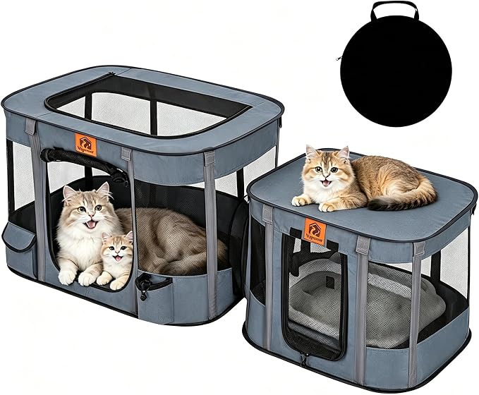 Portable Cat Playpen 2-in-1, Enclosed Kitten Playpen with Litter Box Cage Area, Pet Playpen with Collapsible Tent Rod Reinforced for Cats Puppy Rabbit Hamster Indoor Outdoor Use (Grey)