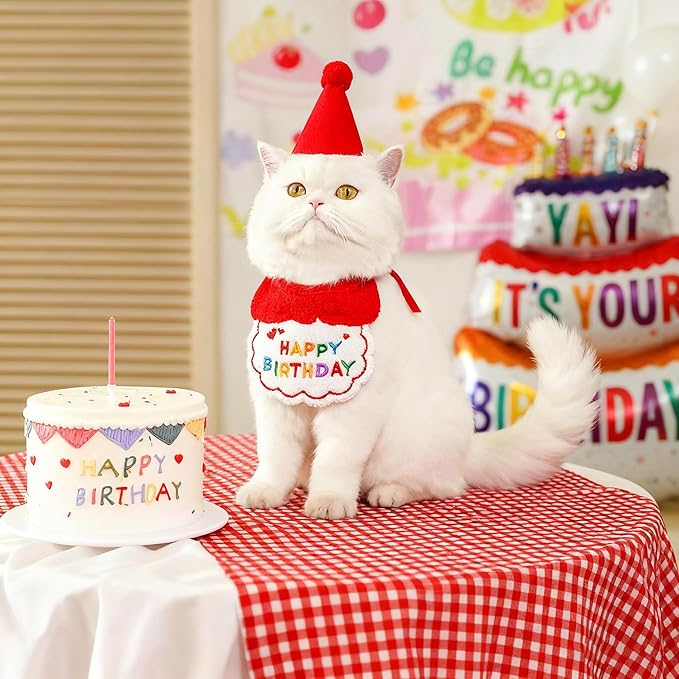 Reusable Cat Birthday Decorations Set - Adjustable Cat Birthday Hat & Bandana with Age Numbers | Kitty Celebration Kit for Memorable Milestones（Red）