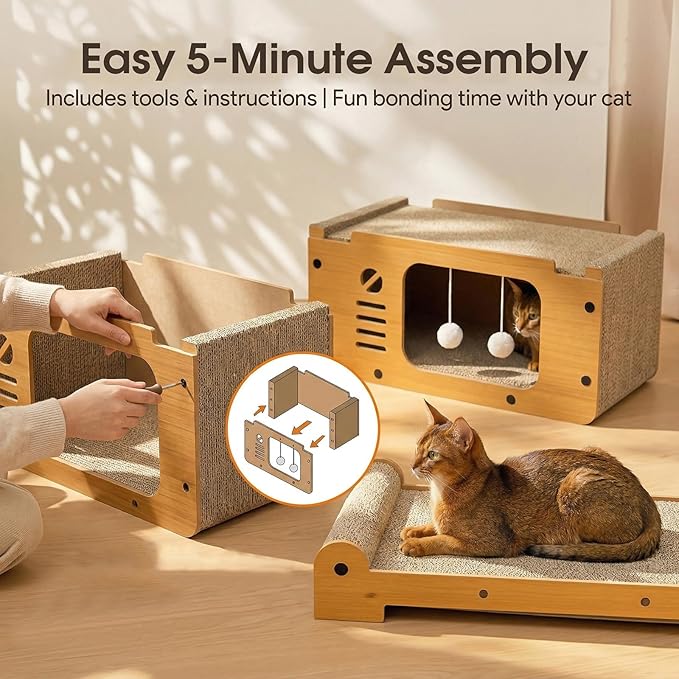 2-in-1 Cat Scratcher House, Retro TV Shaped Cat Condo with Sofa Top, Durable Cardboard Cat Scratching Board for Indoor Cats, Light Oak Style, 22x12x12in