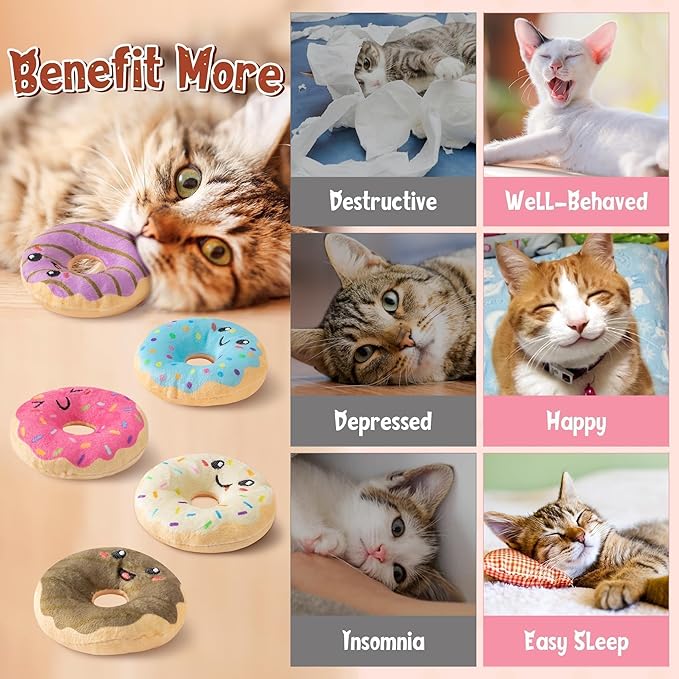 L1rabe Donut Catnip Stuffed Toys for Cats - 5Pcs Pet Days Funny Dessert Organic Cat Toys Pet Supplies, Indoor Cats Chew Bite Teething Tools Kittens Catmint Birthday Present Interactive Supplies