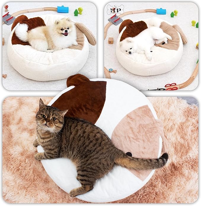 Cat Bed Donut 23.6 Inches Dog Beds for Indoor Calming, Round Pet Bed for Puppy and Kitten, Washable Cover, Anti Slip Bottom, Cute White, Medium