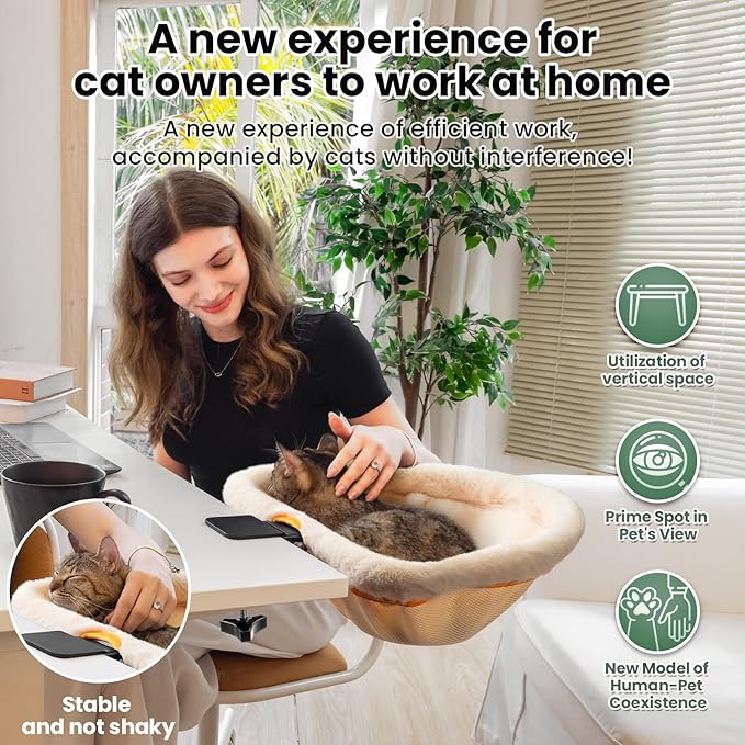 JUNSPOW Cat Desk Bed - One-Click Folding,Sunken Design & Space-Saving Semi-Circular Cat Bed, Soft Faux Rabbit Fur Material, Suitable for Various Desktops-Maximum Hold Up to 40lb