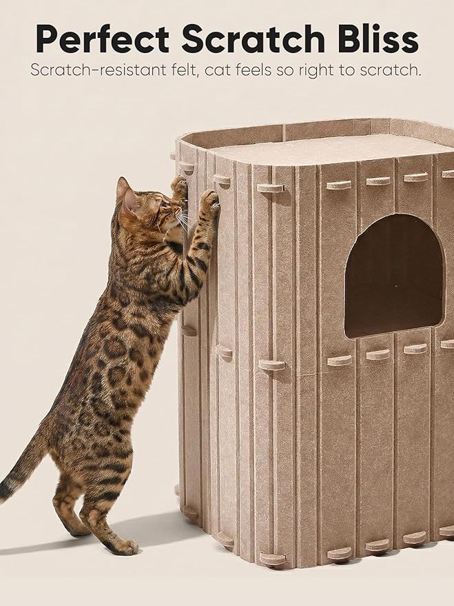 FUKUMARU Cat House for Indoor Cats, 23.62 Inch Large Cat Bed Cave Condo, 2-Storey Cozy Felt Covered Cats Tunnel Kitten Hideaway for Multicats, Scratch Resistant, Beige