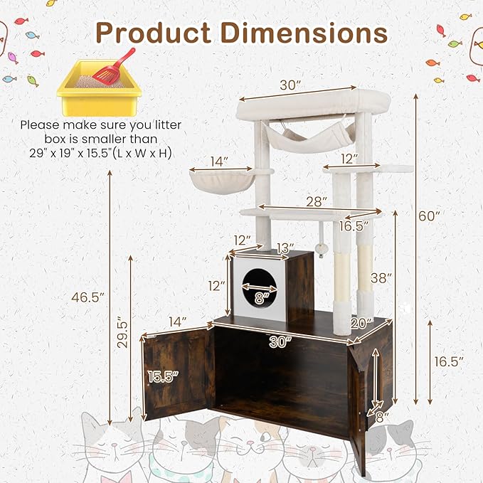 PETSITE Cat Tree with Litter Box Enclosure, Industrial Hidden Litter Box with Cat Tree Tower, Sisal Scratching Posts, Condo, Side Basket Bed, Hammock, Dangling Ball, and Anti-toppling Device