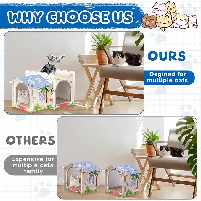 Lineshading 2 Story Cardboard Cat House with Scratcher Pad, Multi Level Durable Cat Scratcher House for Small Kitten Bunny Rabbit Animals Christmas Birthday Gift(17x12x10,Beach)