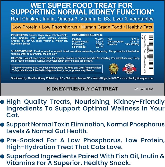 Fresh-Made Kidney Care Wet Cat Treat - Feline Kidney Support Renal Cat Treat - Low Phosphorus & Sodium Support for Cats - Best Feline Food, Feline Renal Support USA Made 16 Ounce
