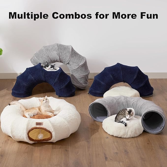 ZOMISA Cat Tunnel Bed for Indoor Cats, Cute Cat Donut Toy Tunnel for Small Large Cats with Washable Circle Cushion, Peekaboo Pet Cave Play Tunnel for Kitten, Puppy, Navy Blue