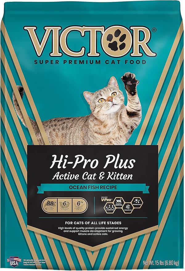 VICTOR Super Premium Cat Food – Hi-Pro Plus Active Adult Cat and Kitten – Dry Feline Food for Active Cats – All Breeds and All Life Stages – Supports Energy, Healthy Coat, Immune Function, 15lb