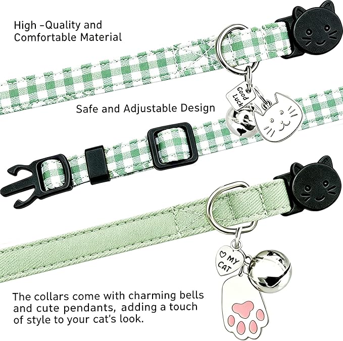 2 Pack Cotton Breakaway Cat Collars with Bell and Charms Green Solid Plaid Safety Collars for Girl Boy Cats, Cat Head and Paw Pendant Cute Kitten Collars