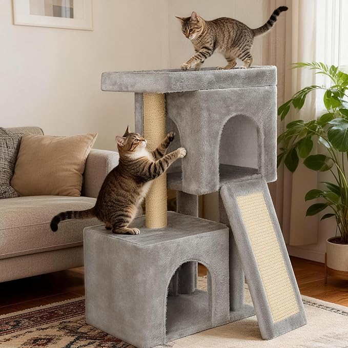 27 inch Small Cat Tree,Komicoll Multi-Level Cat Tower with Sisal Scratching Posts,2 Comfy Condos,Large Plush Top Perch Ideal for Indoor Cats and Kittens (Grey)