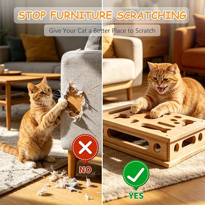 Cat Scratch Puzzle Enrichment Box, Cat Nail File Scratcher Toy Box with Sandpaper Inside, Help Reduce Stress for Trimming Nails, Wooden Claw Care Saver Box for Indoor Cats of All Breeds & Ages