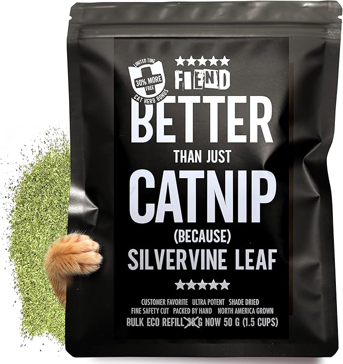 Fiend Catnip + Silvervine for Cats & Kittens Bulk Refill Rescue Pack 1.5 Cup (50g) – Safety-Cut Premium Fine Cat Nip Blend with Vegan Silver Vine – Ultra Potent, North American Create a Monster!