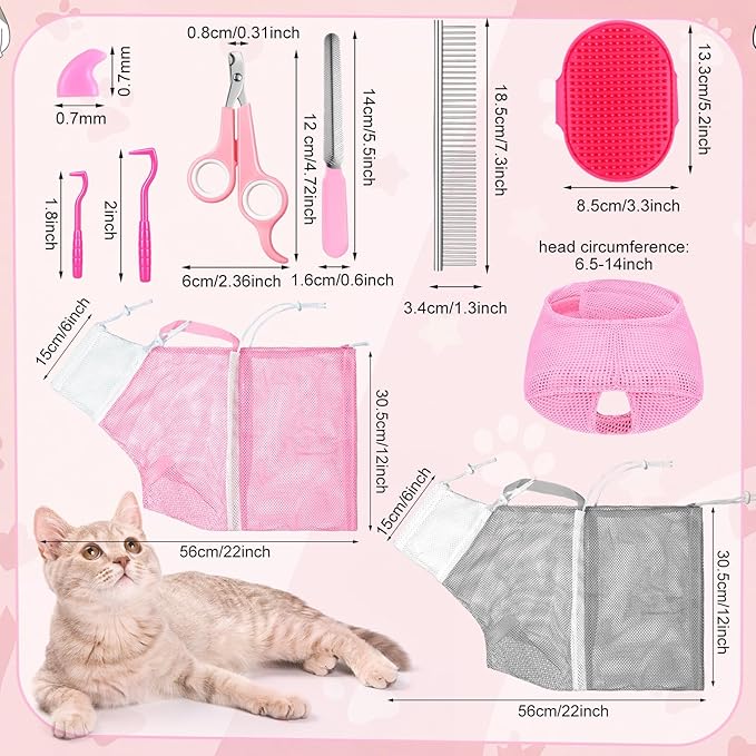 10 Pcs Cat Bathing Bag Set Mesh Shower Bag Anti Bite and Scratch Pet Grooming for Washing Brush, Cat Muzzle, Nail Clipper, Nail File, Tick Tool (Gray and Pink)