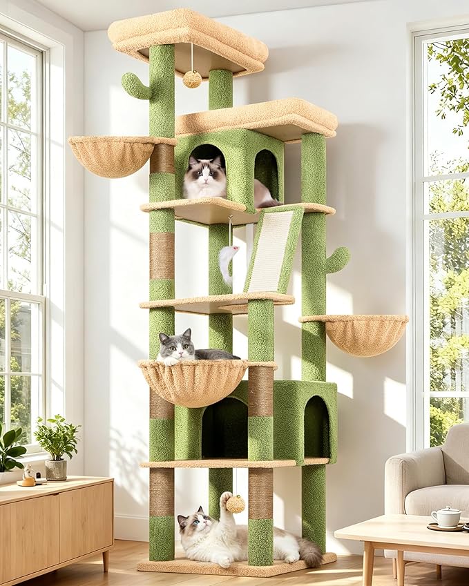 Globlazer Extra Large Cactus Cat Tree Tower 80in Tall Cat Tree for Multiple Indoor Cats Large Adult Kittens with Scratching Posts, 2 Widened Perches, Adjustable Baskets, 2 Cozy Condos, S80G, Green