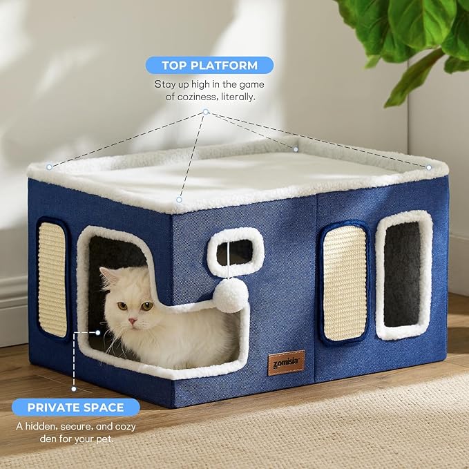 ZOMISIA Extra-Wide Cat House for Indoor Cats - Large Cat House for Pet with Fluffy Ball Hanging and Scratch Pad, Foldable Cat Hideaway for Multi Cats, 23x16.5x13 inches, Green