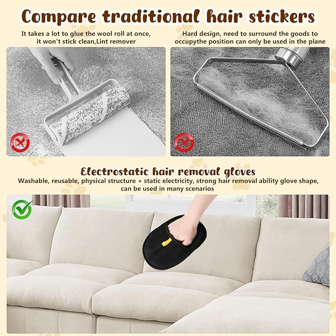 2pc Pet Hair Removal Glove & Remover for Cats Dogs - Upgraded Thickened Double Sided Grooming Gloves for Furniture Couch Carpet