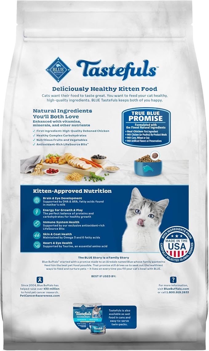 Blue Buffalo Tastefuls Kitten Food With DHA Dry Cat Food Made in the USA with Natural Ingredients, Chicken Recipe, 3-lb. Resealable Bag