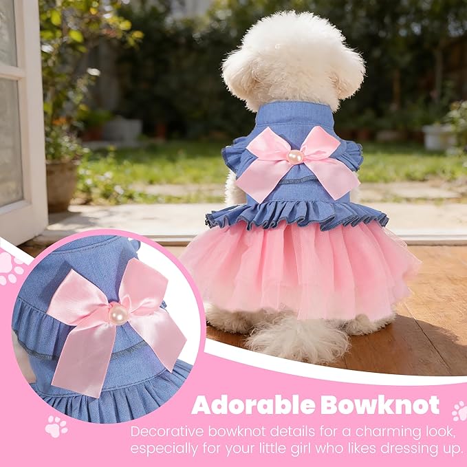 Dog Dress, Fashion Puppy Tutu Princess Dresses for Small Dogs Girl, Sweet Skirt with Dog Bowknot Clips, Spring Dog Cat Clothes Pet Apparel (Denim Princess Dress, Large)