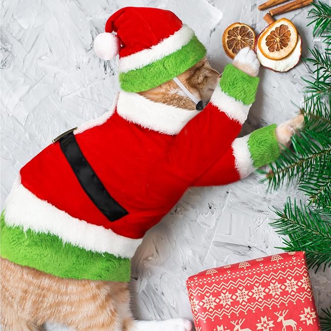 Dansydaisy Cat Christmas Costume Lime Green Character Pet Outfit Holiday Green Furry Pet Velvet Costume Cosplay Outfit Cute Funny Christmas Dogs and Cats Clothes for Party Favors(Medium)