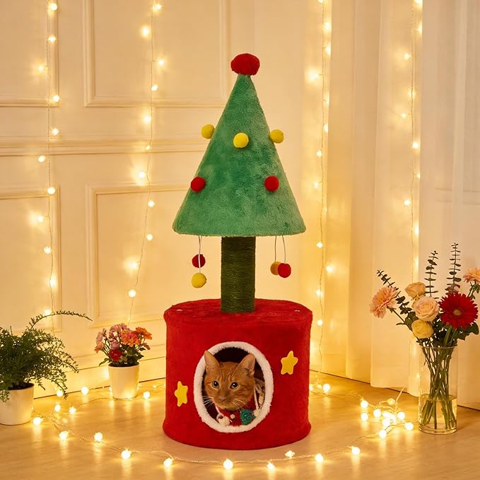 Cat Tree Tower for Indoor Cats, Small Cat Tree with Sisal Scratching Posts and Cozy Cat Bed, Multi-Functional Cat Furniture for Small and Adult Cats，Green&Red