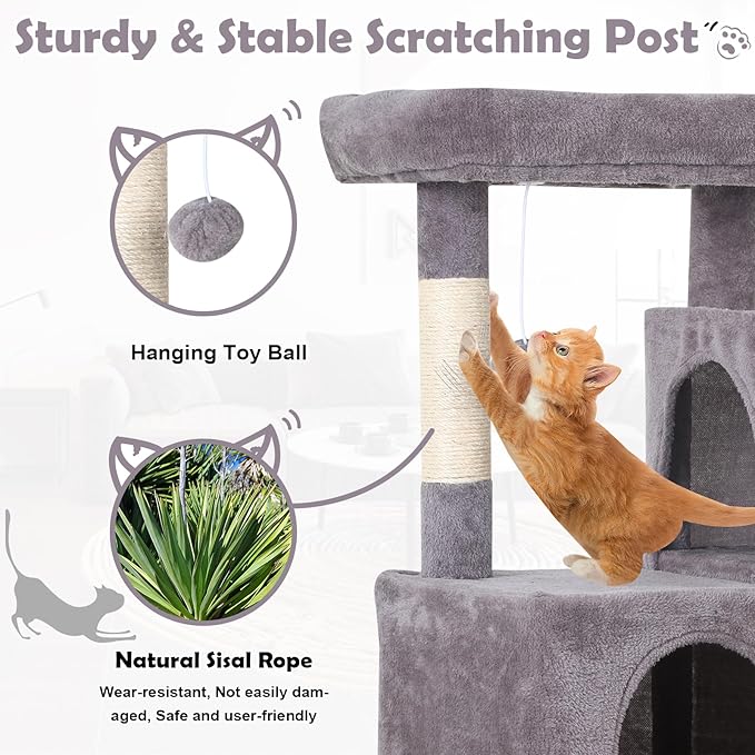 36 Inches Cat Tree for Indoor Cats, Multi-Level Cat Tower with Scratching Posts, Ramp, Plush Perch & 2 Condos, Stable for Multiple Cats Kittens House & Small Room(Ashy)