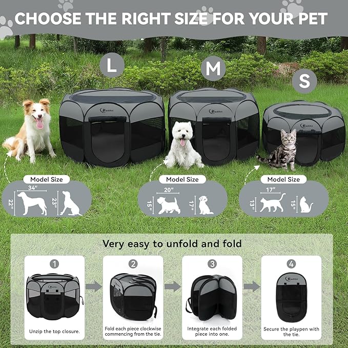 Siedihit Dark Grey Puppy Playpen for Large Dog Cat, Dogs Tent Crates Cage Indoor/Outdoor, Portable Pop Up Dog Kennel with Carrying Bag for Rabbits, (Dark Grey, Large)