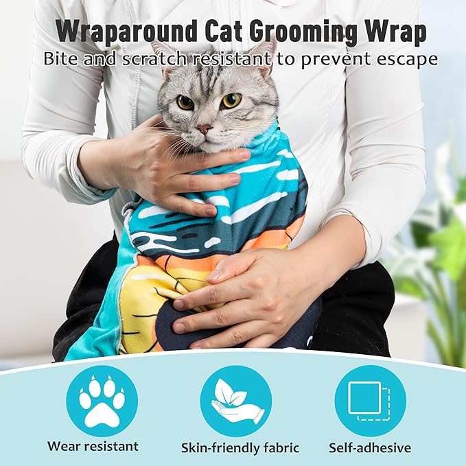 Cat Grooming Wrap27.6"*27.6", Self-Adherent Anti-Scratch Swaddle Restraint, Nail Clipping, Anti-Bite, Anti-Scratch, Anti-Escape Calming Wrap Multifunctional Care Pet Tools L