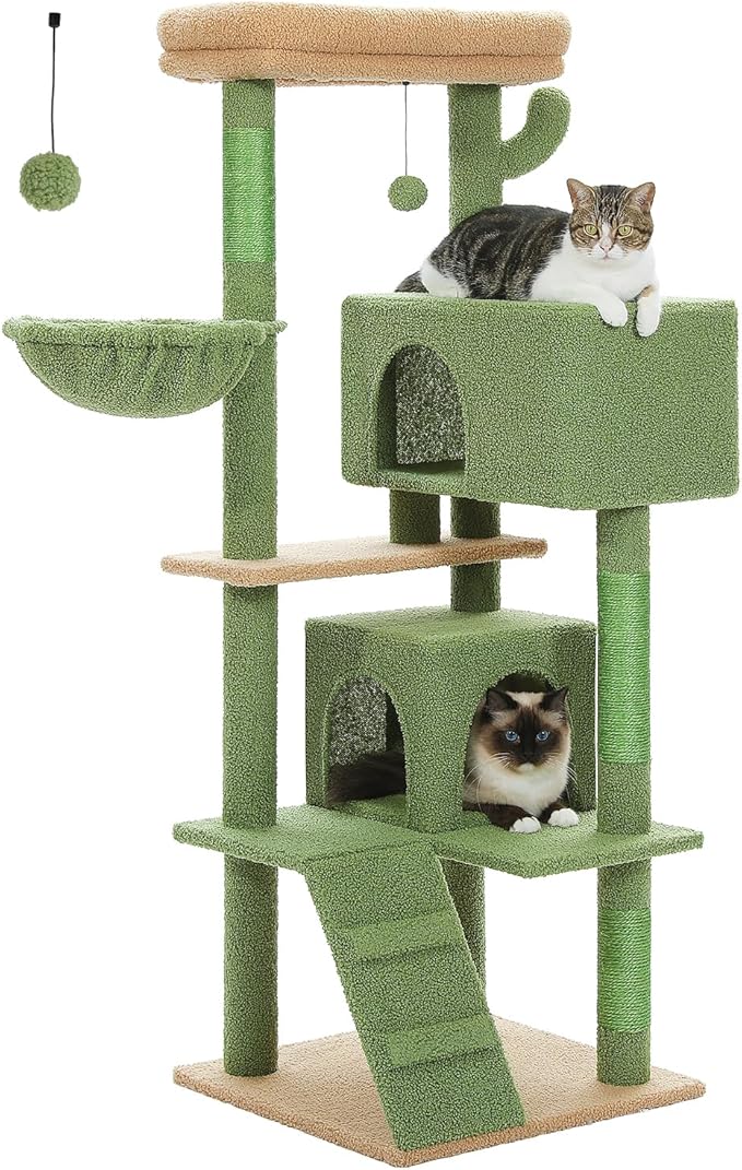 MUTTROS Cactus Cat Tree for Adult Cats with Super Large Top Perch, 56.3" Cat Tower for Cats with Plush Hammock, Dangling Pompom, Cat Scratching Posts and 2 Condos, Green House