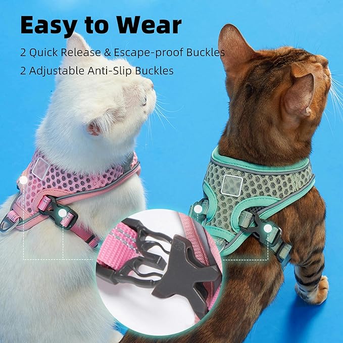 Cat Harness and Leash Set for Comfortable Outdoor Walking, Escape Proof, Adjustable Soft Kitten Vest Harness with Reflective Strip for Cats, Small Dogs (Mint Green, M)