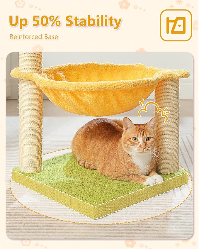 MUTTROS 28" Flower Cat Tree Cute with Flower Top Perch, Large Hammock for Indoor Small Cats, Small Cat Tower with Cute Scratching Post and Fur Toy Ball for Kittens, Yellow