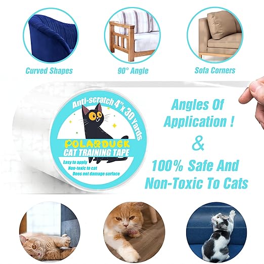 Polarduck Anti Cat Scratch Tape: 4 inches x 30 Yards Cat Training Tape 100% Transparent Clear Double Sided Cat Scratch Deterrent Tape Furniture Protector for Couch, Carpet, Doors, Pet & Kid Safe