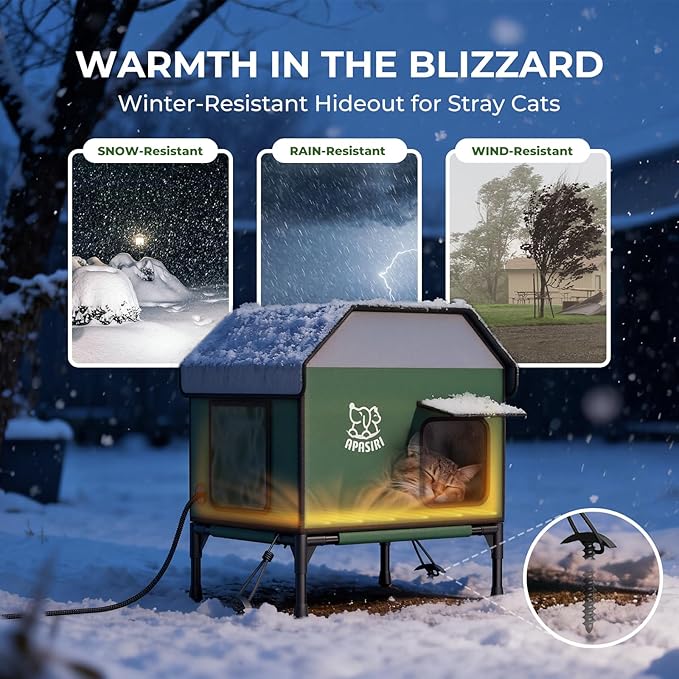 Heated Outdoor Cat House for Winter: Insulated with Heating Pad, Indestructible Weatherproof Winter Shelter, Elevated Support to Keep Interior Dry for Stray Cats, Medium