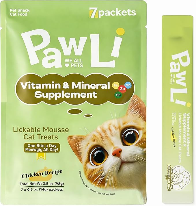 PAWLI Multivitamin Lickable Cat Treats, Squeeze Cat Treats for Daily Nutrition Support, All-in-One Cat Treats with Vitamins & Minerals, Grain-Free, 7 Count (3.5 oz Total)