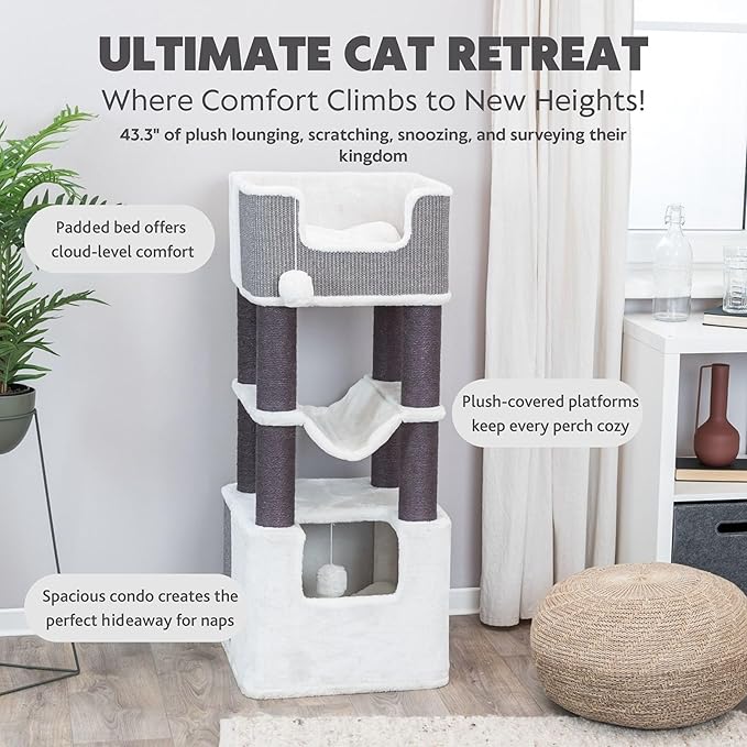 Trixie Lucano 43.3-in XXL Cat Tree, Indoor Cat Furniture with Jute Scratching Posts, Sisal and Plush Covered Condo, Dangling Interactive Toys, Gray
