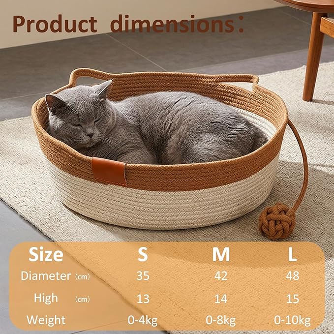 Instinct Basket for Cats - Handwoven Cotton Rope Enrichment Bed with Attached Toy Tail, Scratchable Interactive Pet Nest Features Flexible Walls to Fight Boredom & Protect Furniture (Brown, M)