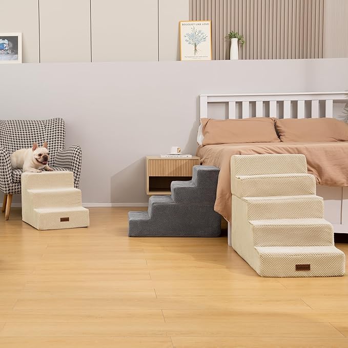 Aodisman Dog Stairs for Small Dogs, 3-Step Non-Slip Pet Stairs for Couch Sofa and Chair, Dog Bed Stairs for Puppy, Older Cat,Grey,13.6" H